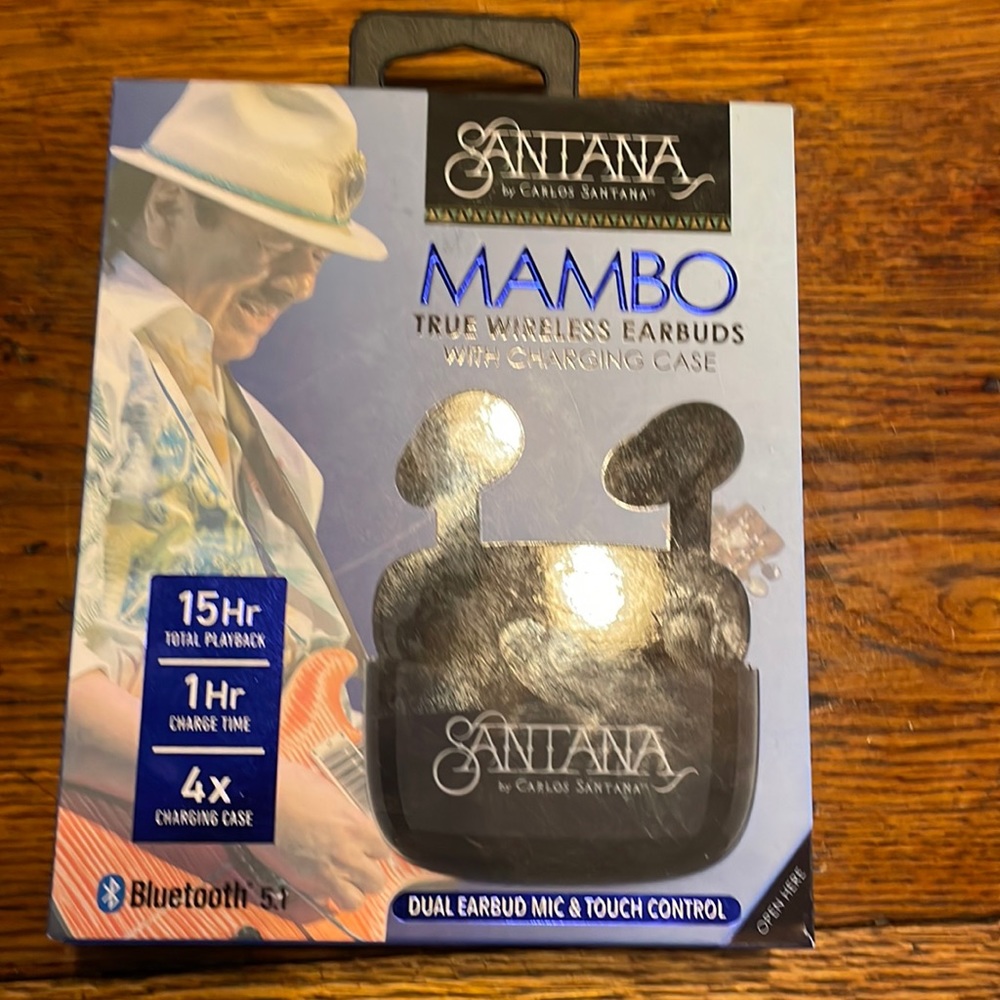 Carlos Santana “Mambo” wireless earbuds with charging case and earbud covers